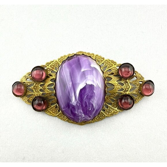 Vintage Sash Brooch Pin Purple Cabochon Gold Tone Marbelized Filigree 3.5" - Picture 1 of 15